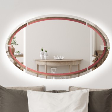 wall mirror toulipier, oval, horizontal, with wood inlays + led