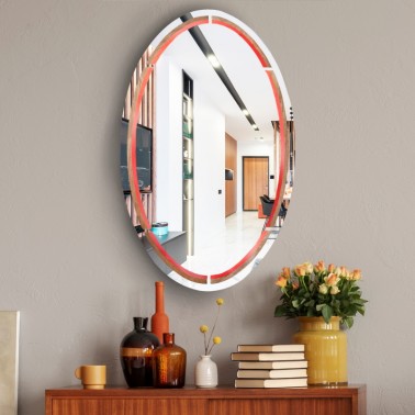 vertical oval wall mirror with Toulipier-stained wood veneer inlay