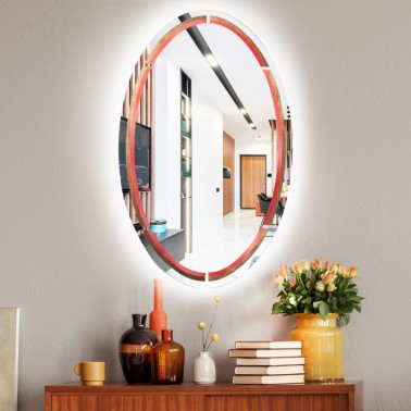 vertical oval wall mirror with Toulipier-stained wood veneer inlay + led