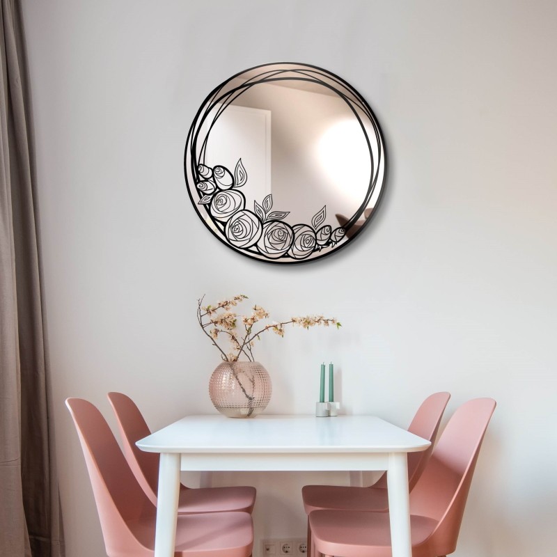 Specchio con rose rotondo da parete, decorato, artigianale