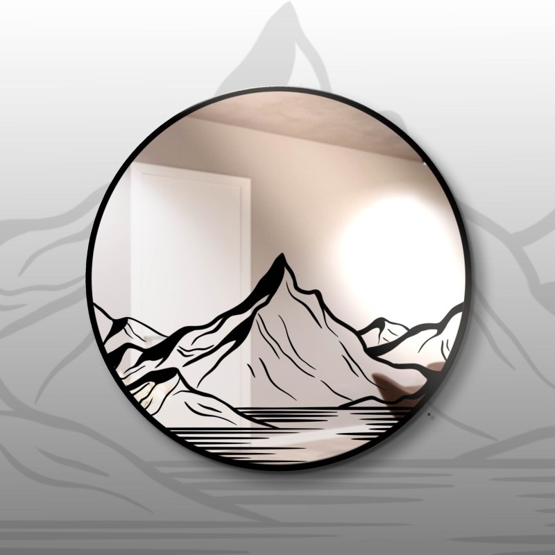 Round mirror with pond and mountains design - round wall mirror